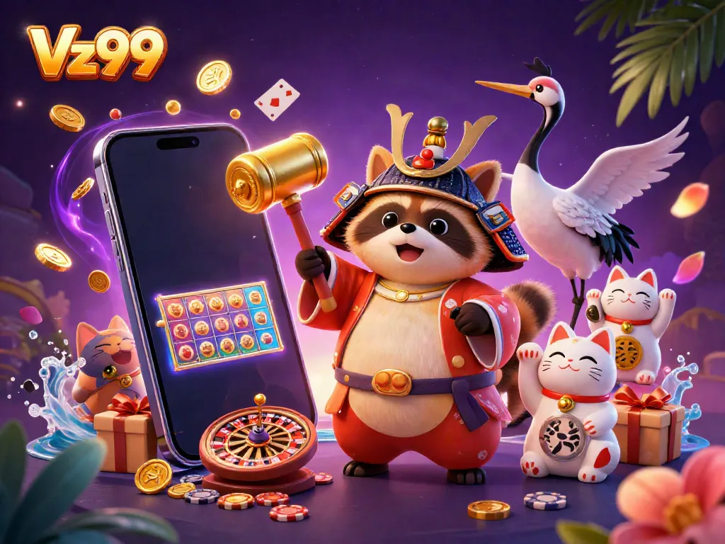 Experience the vibrant fun of Vz99 with a lively scene of characters blessing good fortune in a casino.