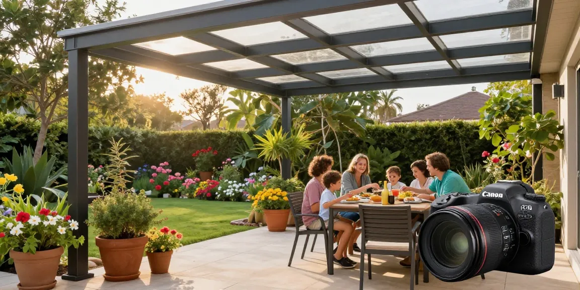 Moderne Terrassenüberdachung als stilvolle Lösung für gemütliche Familienessen im Garten.