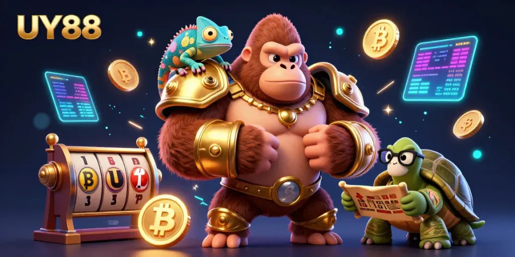 Experience UY88's vibrant online casino world with a powerful gorilla king and colorful characters, rich in detail.