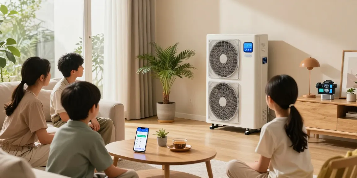 Family enjoying the comfort of a wärmepumpe bosch heat pump in a modern living room with smart home integration.