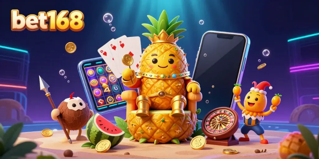 Experience the excitement of bet168 with a vibrant 3D casino scene featuring a pineapple king surrounded by gaming elements.
