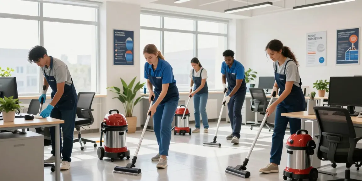 Professionelle Unterhaltsreinigung Hannover in einem modernen Büro mit einem engagierten Reinigungsteam, das für Sauberkeit sorgt.