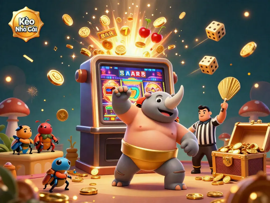Kèo Nhà Cái themed celebration with a rhinoceros beetle champion, coins, and casino elements
