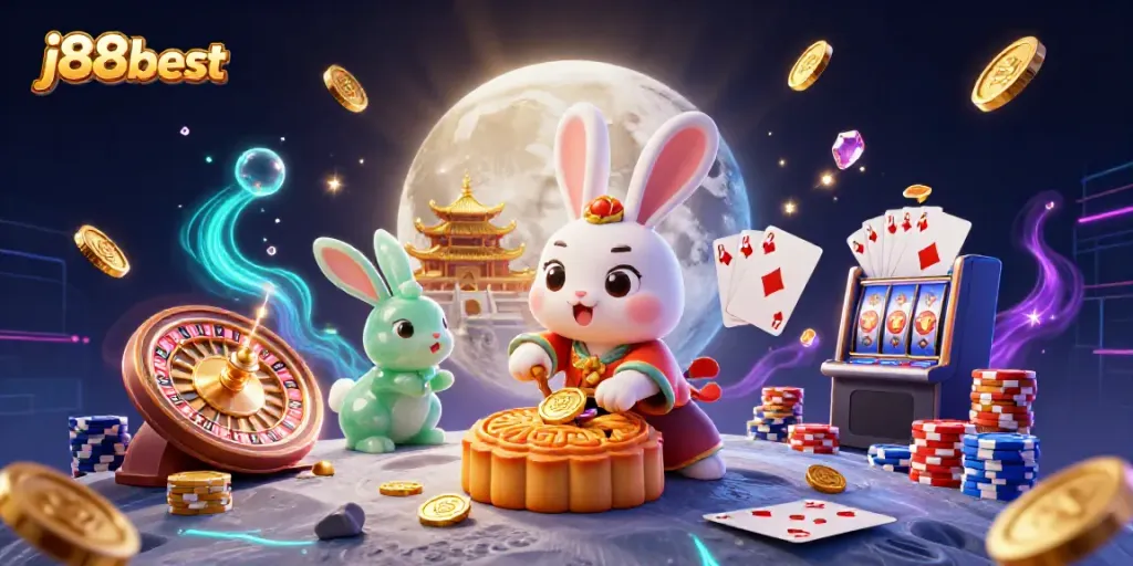 j88best highlights exciting online gaming with a celestial moon rabbit and vibrant casino elements