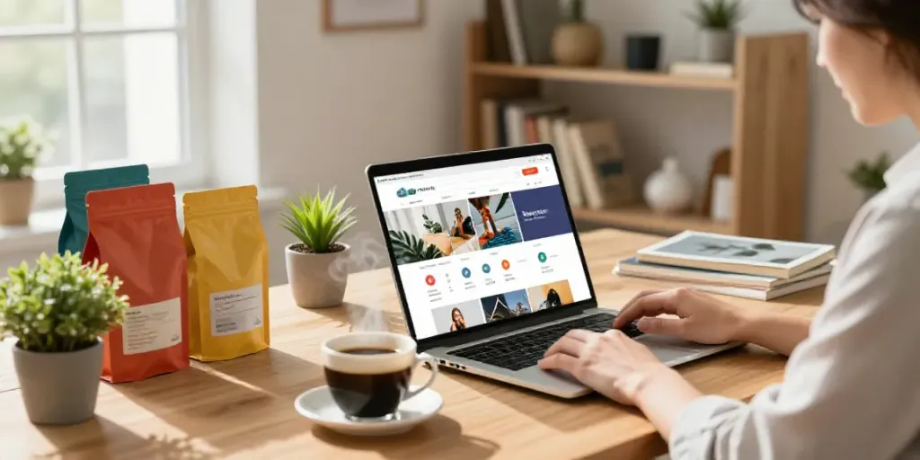 Der Benutzer durchsucht Produkte in einem Online-Shop auf einem Laptop in einem hellen, bequemen Arbeitsbereich.