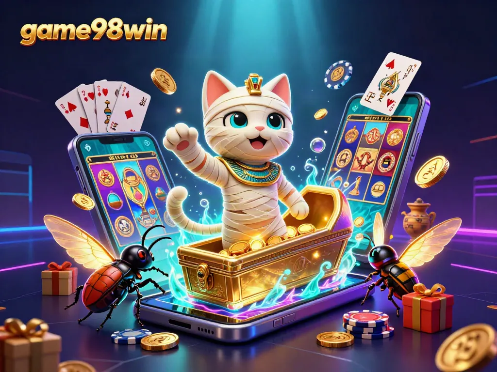 Play exciting slot games on game98win with a 3D cartoon mummy cat in a vibrant casino
