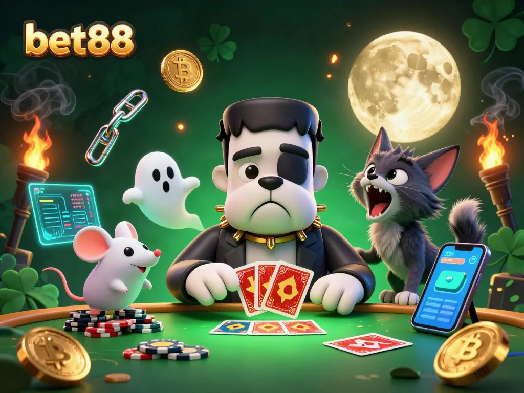 Experience thrilling gameplay with bet88 as a Frankenstein bulldog deals cards at a spooky casino.