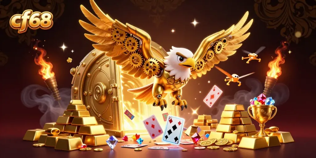 Engage with cf68's thrilling gaming adventures through a stunning scene of cybernetic eagle diving amidst a treasure-filled spectacle.