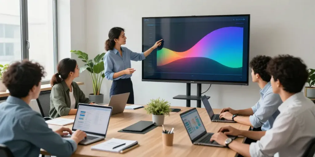 Vielseitiges Team in einem modernen Büro bei der Personalvermittlung aus Polen analysiert Daten und diskutiert Strategien.