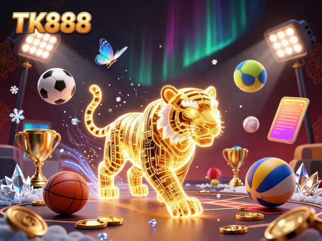 Experience the action at TK888 with a neon-wireframe tiger in a vibrant digital casino.