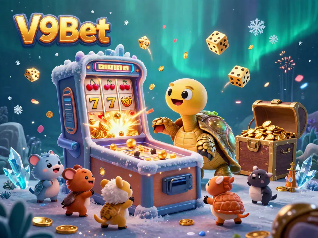 Experience exhilarating gaming action with the vibrant V9Bet casino illustration featuring a golden tortoise pinball machine and a jackpot slot explosion.