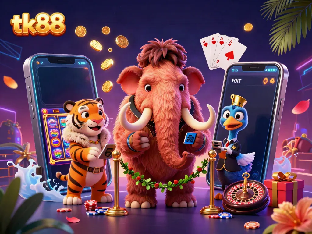 Experience thrilling moments at tk88 with the woolly mammoth bouncer and VIP saber-tooth in a lively casino scene.