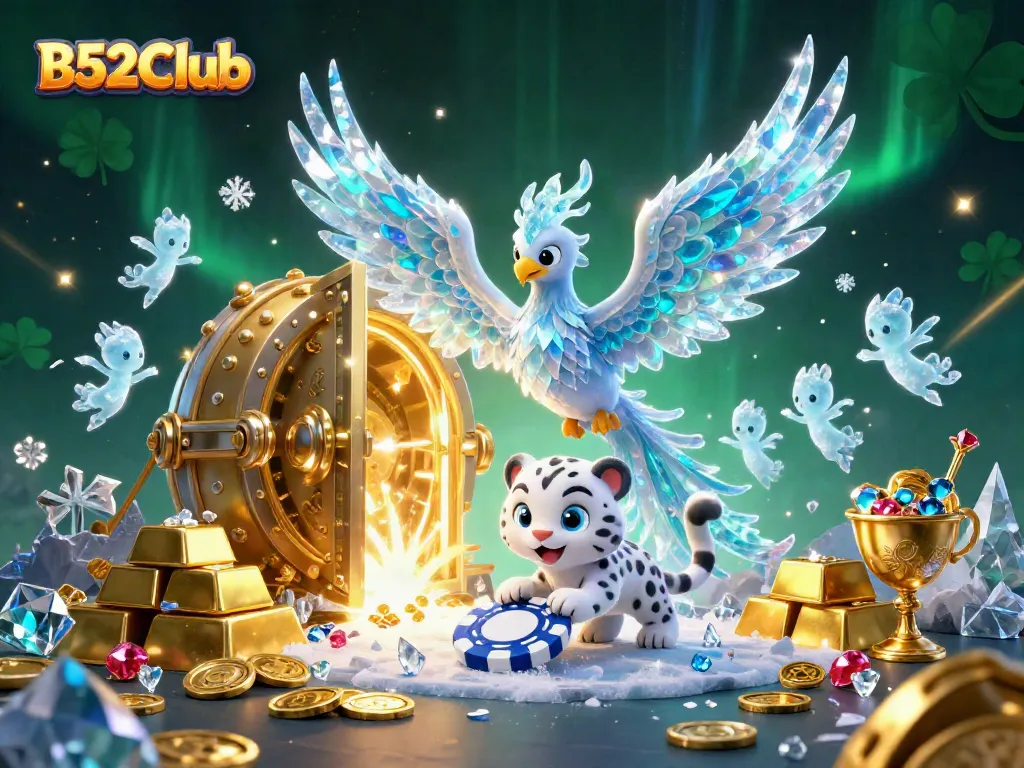 Immerse in the vibrant world of B52Club where a magical ice phoenix, a playful snow leopard, and glowing ice sprites gather amidst riches and sparkling treasures.
