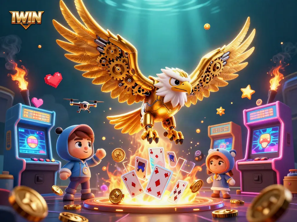 IWIN elevates gaming thrills with a cybernetic eagle amid dynamic casino elements.