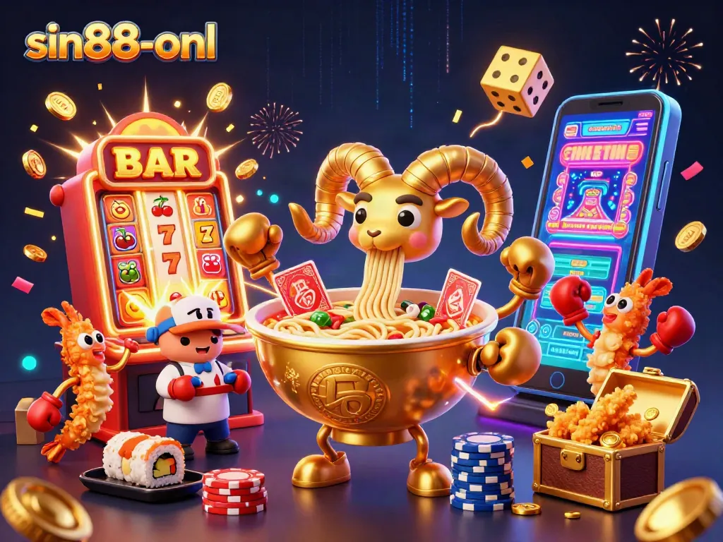 Engage with sin88-onl's vibrant casino adventure featuring a golden ramen bowl dealer and dynamic game elements.