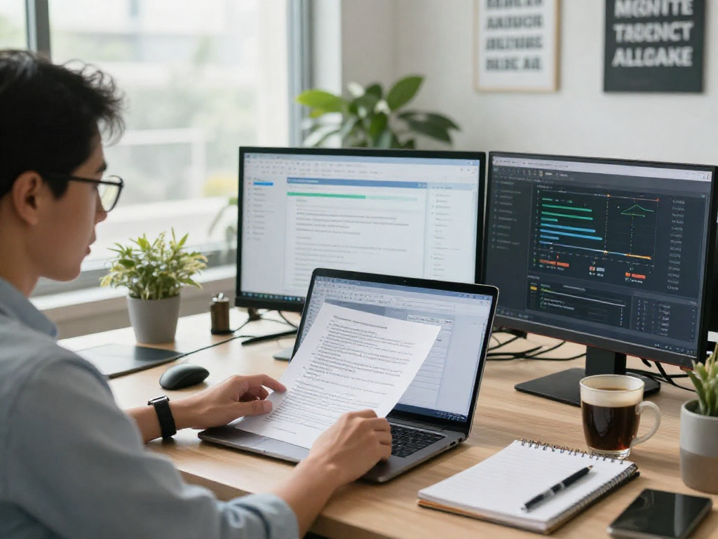 Professional analyzing document fraud detection data in a modern office.