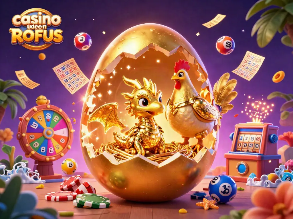 Experience excitement at casino uden ROFUS with golden dragon and vibrant games surrounding them.