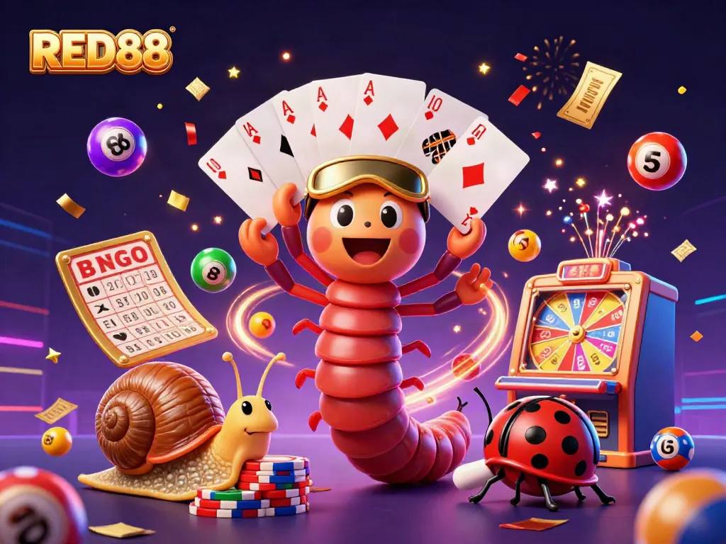 Experience the vibrant casino excitement with RED88's colorful characters and dynamic elements in a thrilling illustration.