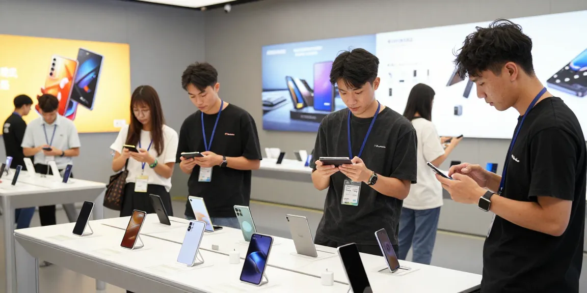 Exploring innovative foldable phones 2026 in a vibrant tech showroom with enthusiastic tech lovers.