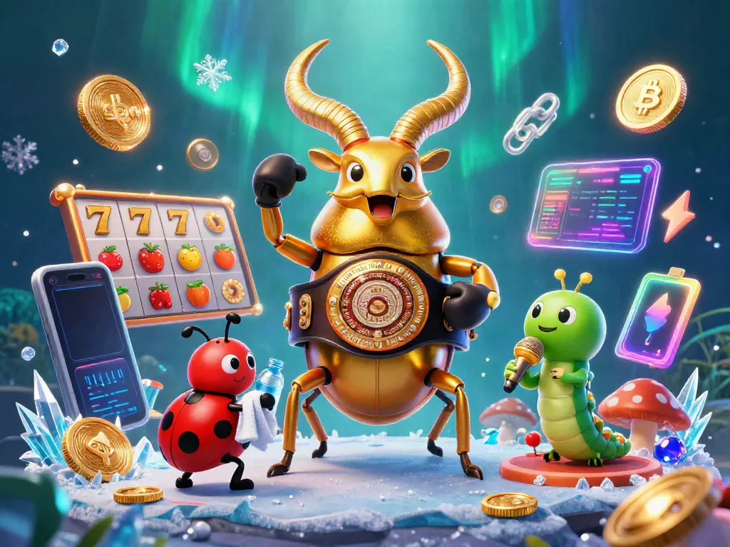 Experience thrilling slot action with a 3D illustrated giant beetle champion surrounded by colorful game elements.