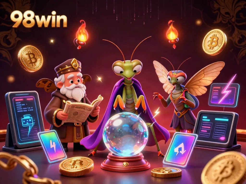98win features a vibrant online casino scene with a fortune teller and glowing cryptocurrency elements.