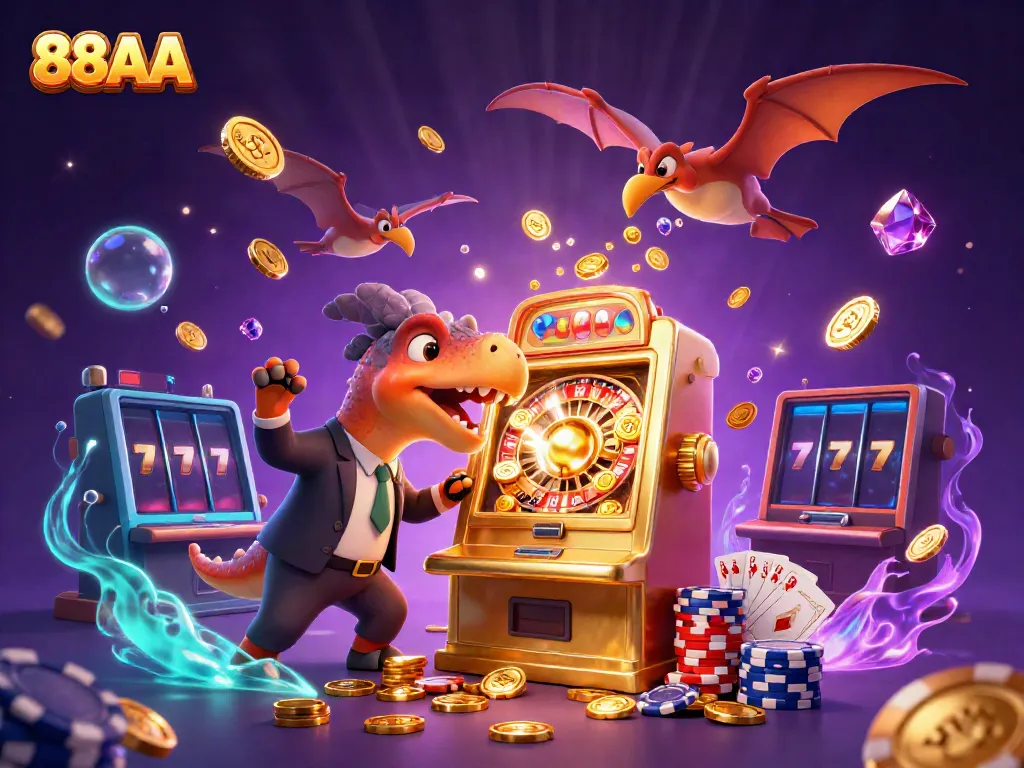 88AA offers thrilling gameplay with jackpot moments featuring cartoon dinosaurs in a lively casino