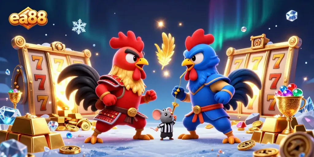 ea88 slot-themed showdown with cartoon roosters and treasure elements highlighting online casino excitement