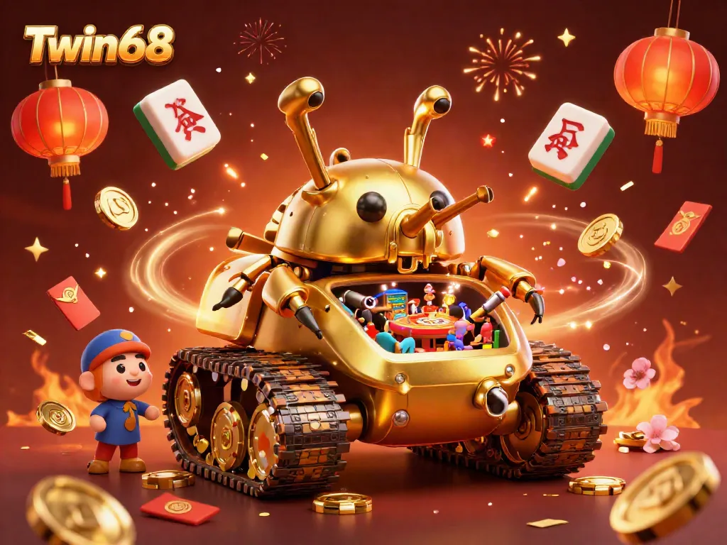 Experience the vibrant Twin68 casino adventure with golden beetle tank and festive elements.
