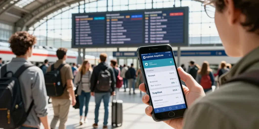 Aktiver Reisender erkundet vielfältige Zugticket-Angebote in einem geschäftigen Bahnhof.