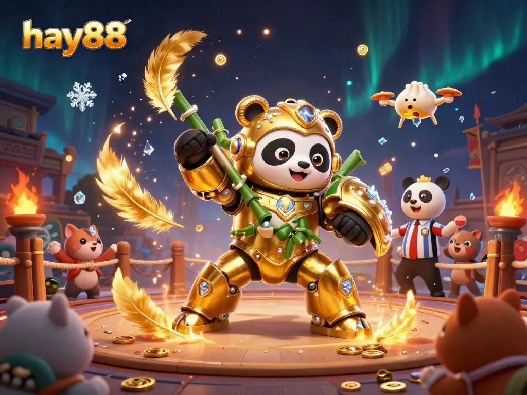 Experience thrilling excitement at hay88 with a mech-suit panda battling in a vibrant 3D casino arena.