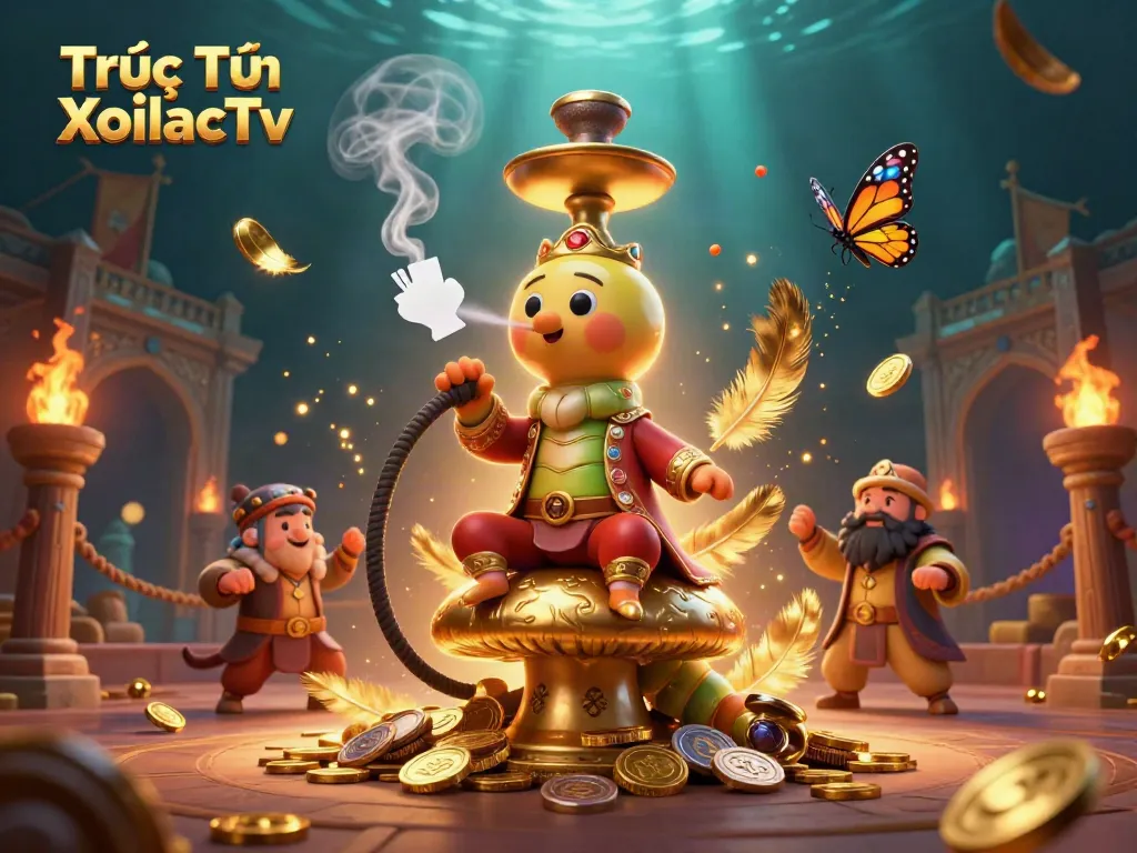 Experience Trực Tiếp XoilacTv in an ultra-detailed 3D scene with gaming symbols and vibrant color.