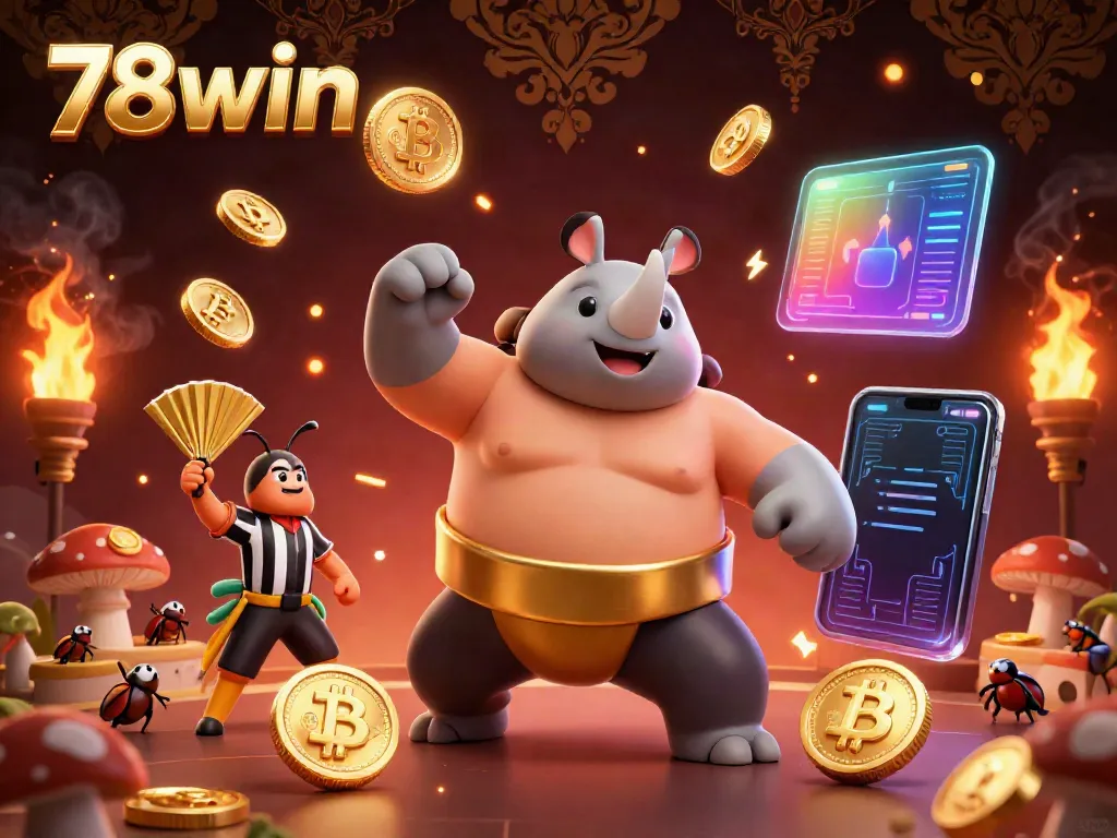 Experience the excitement of 78win with a playful rhinoceros beetle champion launching coins in a vibrant casino atmosphere.