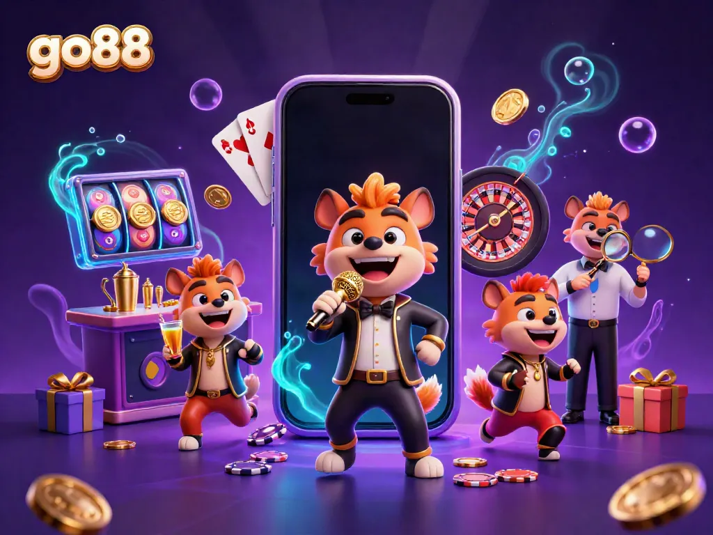 Hyenas hosting a vibrant casino scene with the go88 brand, featuring comedy and gaming elements