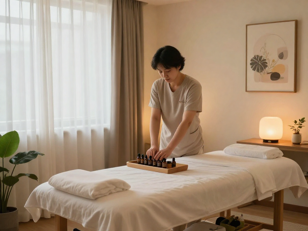Relaxing 의정부출장안마 therapy room with calming atmosphere and essential oils.