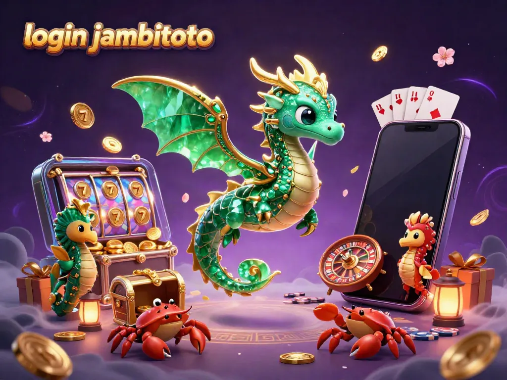 Engage with the vibrant login jambitoto scene featuring a mystical sea dragon, slot games, and treasure.