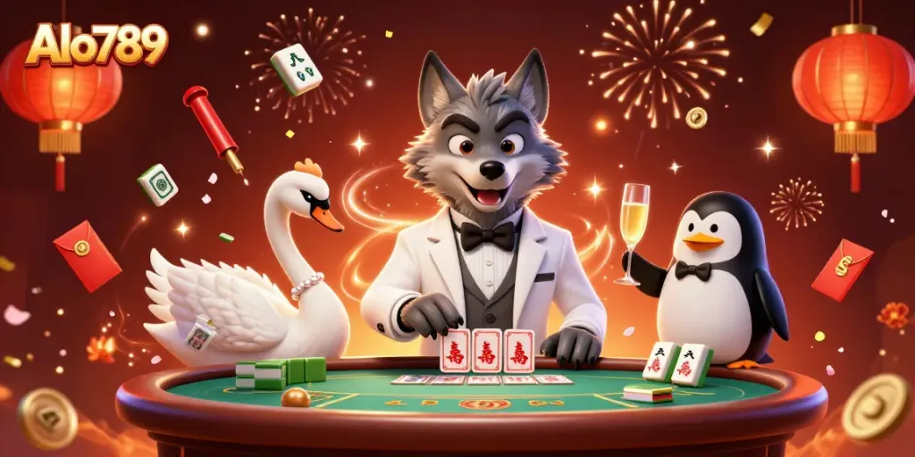 Join the exciting betting action with Alo789 at a vibrant online casino featuring a debonair wolf and an elegant swan.