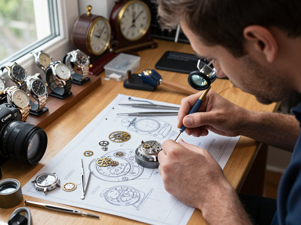 Expert watchmaker repairing Omega 8500 movement parts with precision in a luxury workshop.