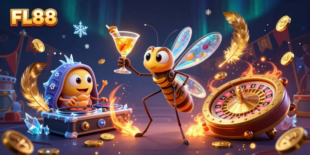 FL88 casino scene featuring a 3D frozen mosquito mascot, trilobite DJ, and ammonite roulette wheel.