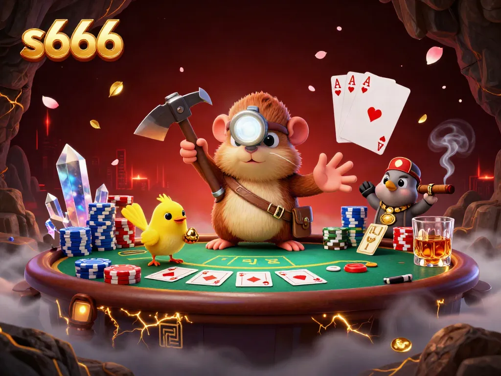 Experience thrilling gameplay at s666 with a treasure hunter mole amidst poker chips and vibrant casino elements.