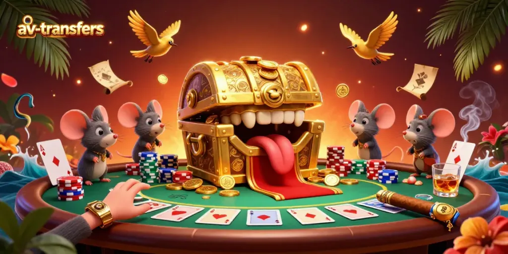 Experience high-stakes action with av-transfers at a vibrant casino scene featuring adventurous characters.
