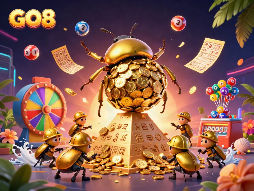 Experience GO8 excitement with a gold coin beetle symbolizing winning strategies in dynamic casino play.