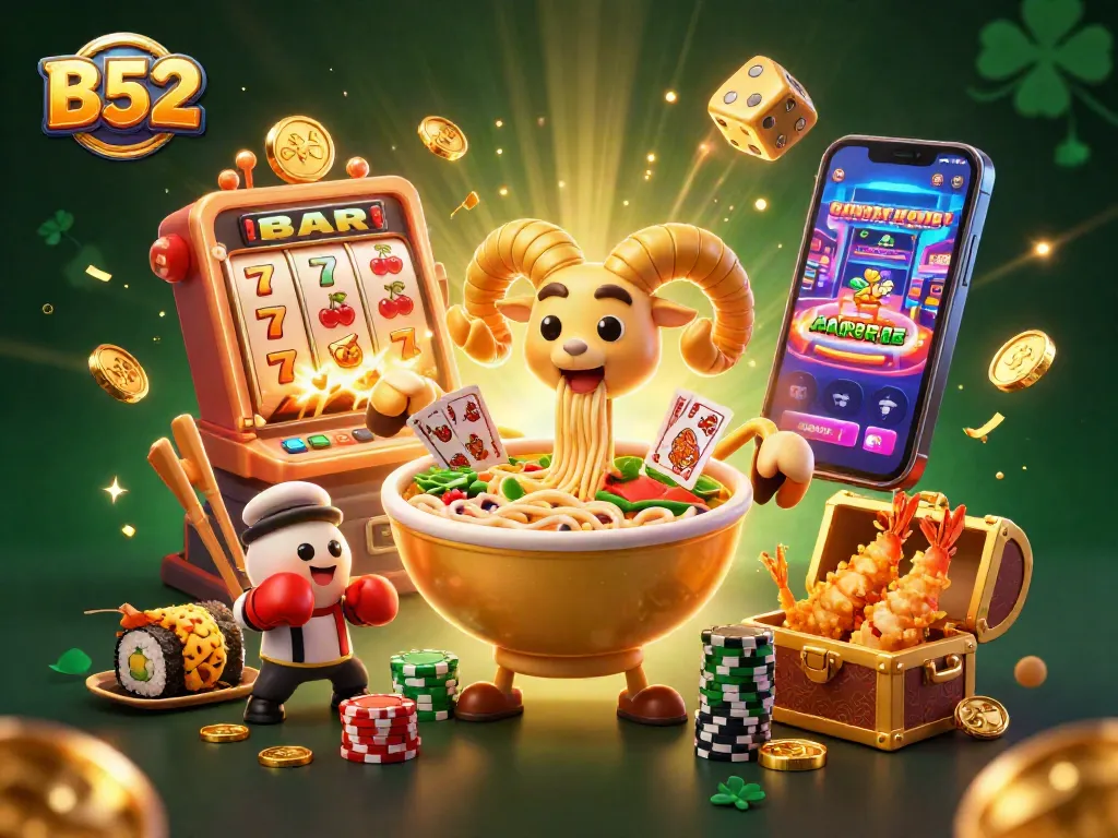 Engage with the dynamic B52 casino scene featuring a golden ramen bowl character stacking chips and dealing cards.