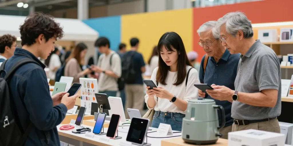 Shoppers engaging with diverse Produkte in a lively marketplace setting.