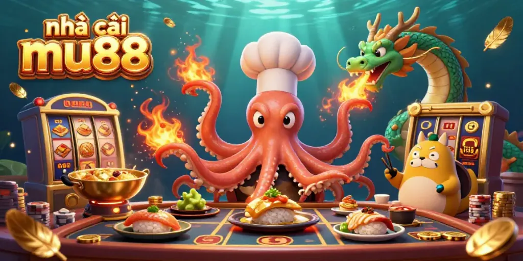 Experience winning excitement at nhà cái mu88 with a dynamic 3D illustration featuring an octopus chef, dragon, and gambler.