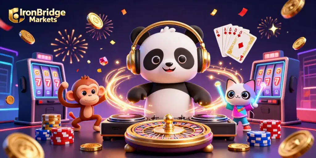 Experience IronBridge Markets in a vibrant 3D casino scene with dynamic characters and dazzling game elements.