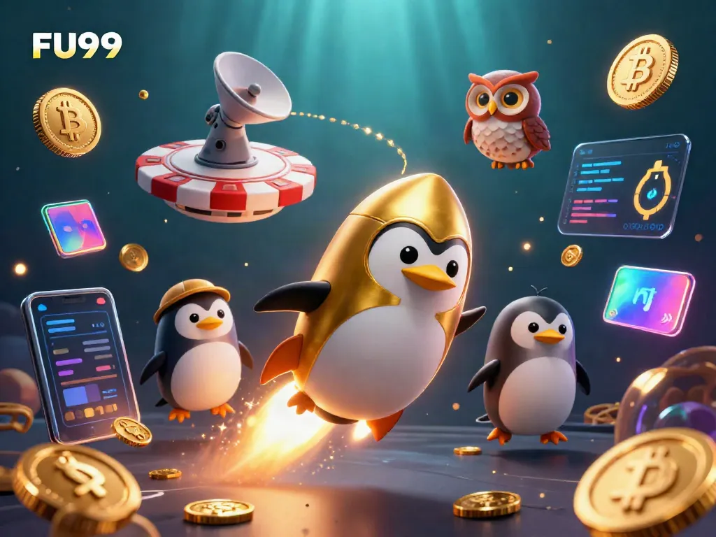 Experience the excitement of FU99 with a golden penguin, casino elements, and glowing cryptocurrencies.