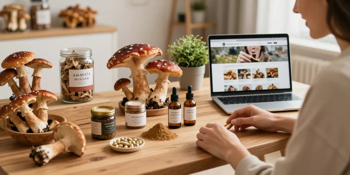 Diverse Sammlung von Amanita Muscaria Produkten, die das Fliegenpilz Kaufen in einer warmen Online-Shopping-Umgebung betont, mit Pilzen, Tinkturen und Kapseln.