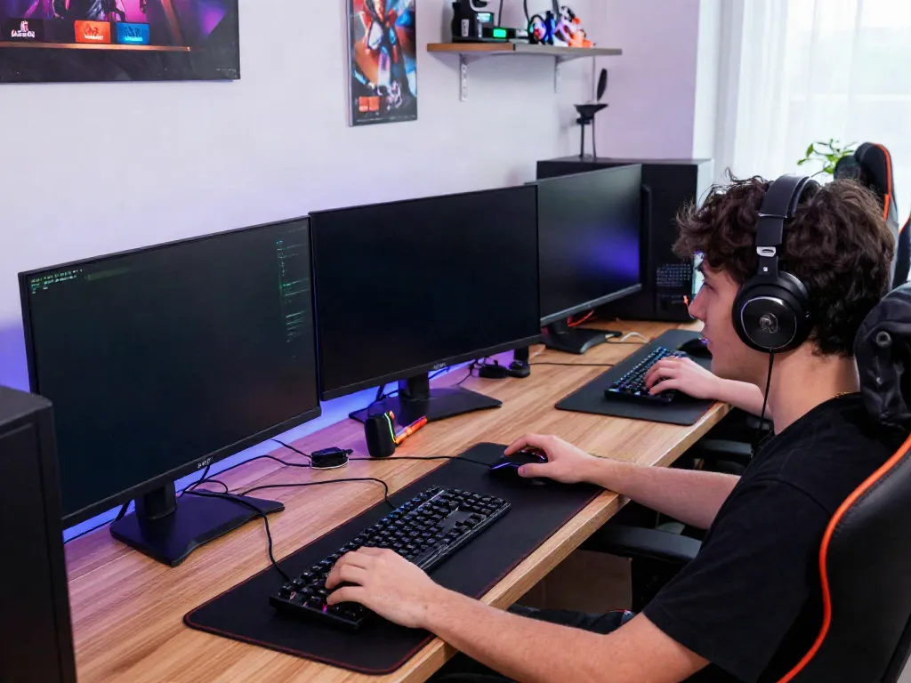 Engaging player on https://uk88.ad/ gaming setup with multiple screens and LED lights.