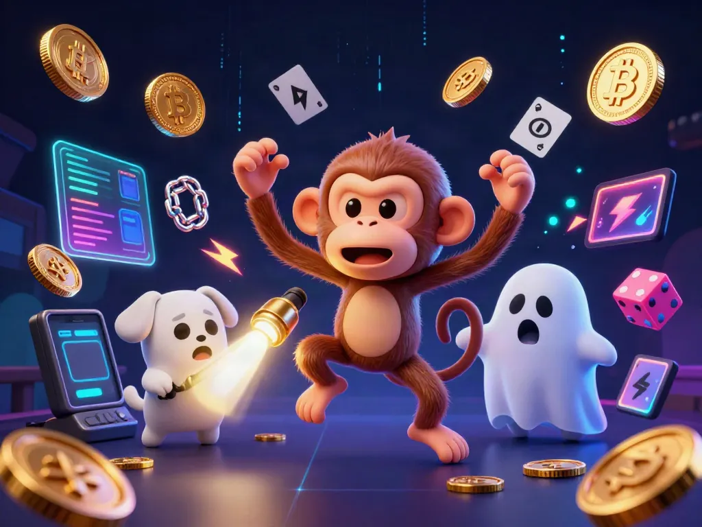 Experience the thrill at SUNWIN with a mischievous monkey juggles coins and cards in a haunted casino scene.