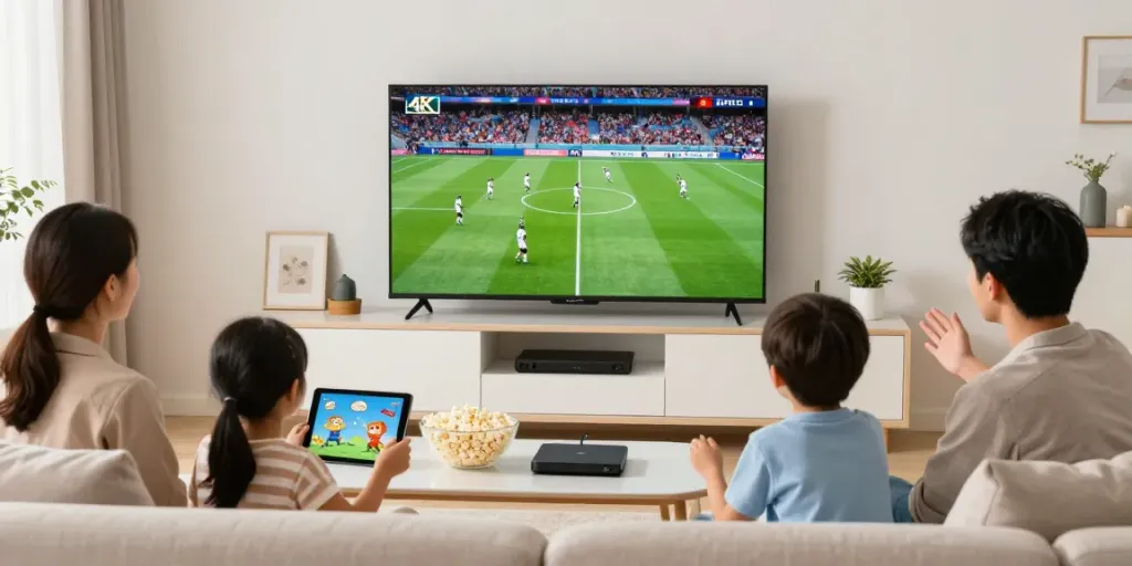 Family watching IPTV kaufen streaming on a smart TV in cozy living room.
